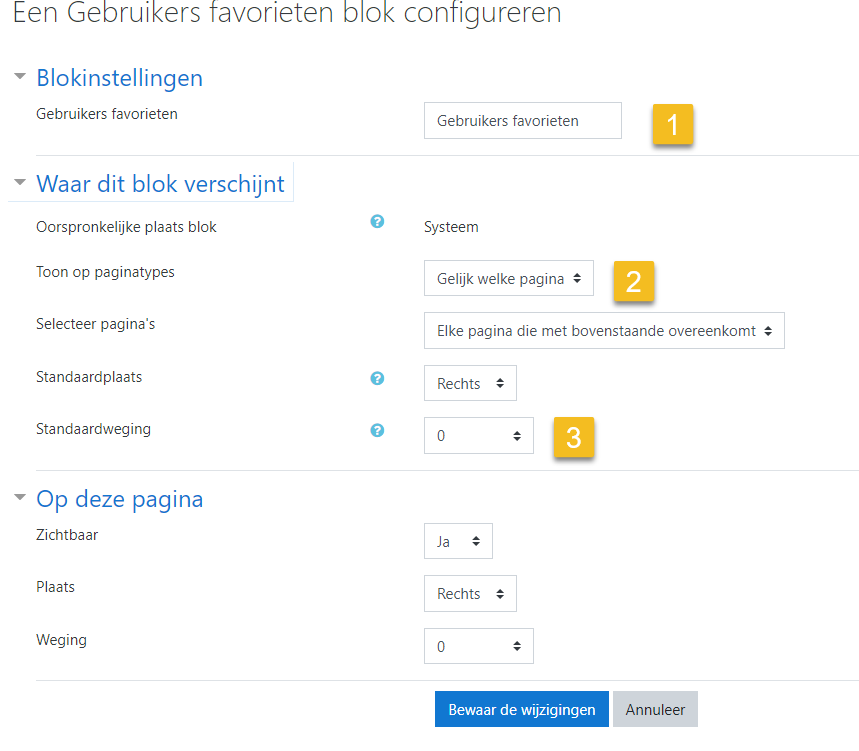 configuratie blok Gebruikers favorieten