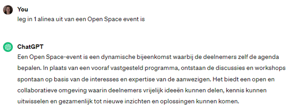 LerenXL Open Space Event, ChatGPT legt uit wat een Open Space event inhoudt.